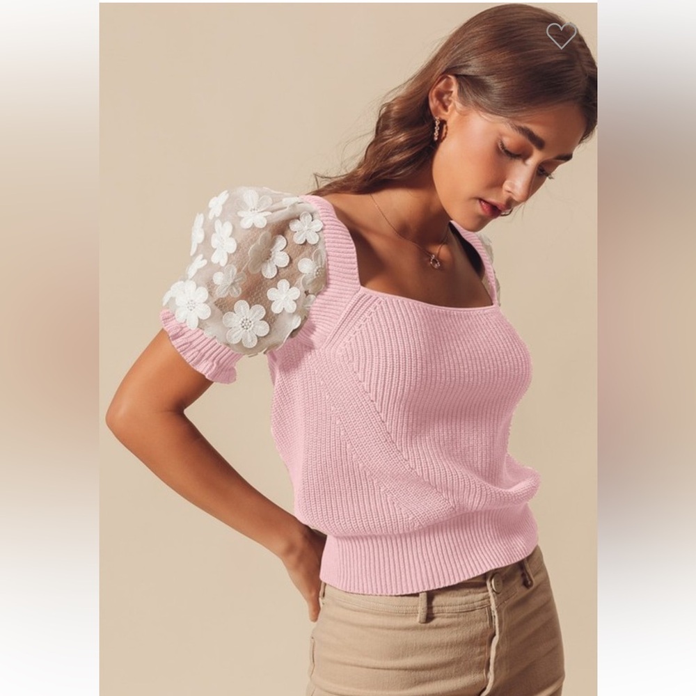 Pink Floral Puff Sleeve Knit Top